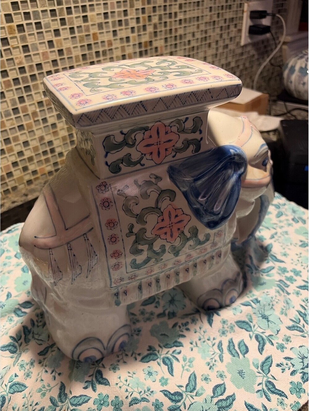 Vintage Ceramic Chinoiserie Elephant Plant Stand 11" H Blue White Pink